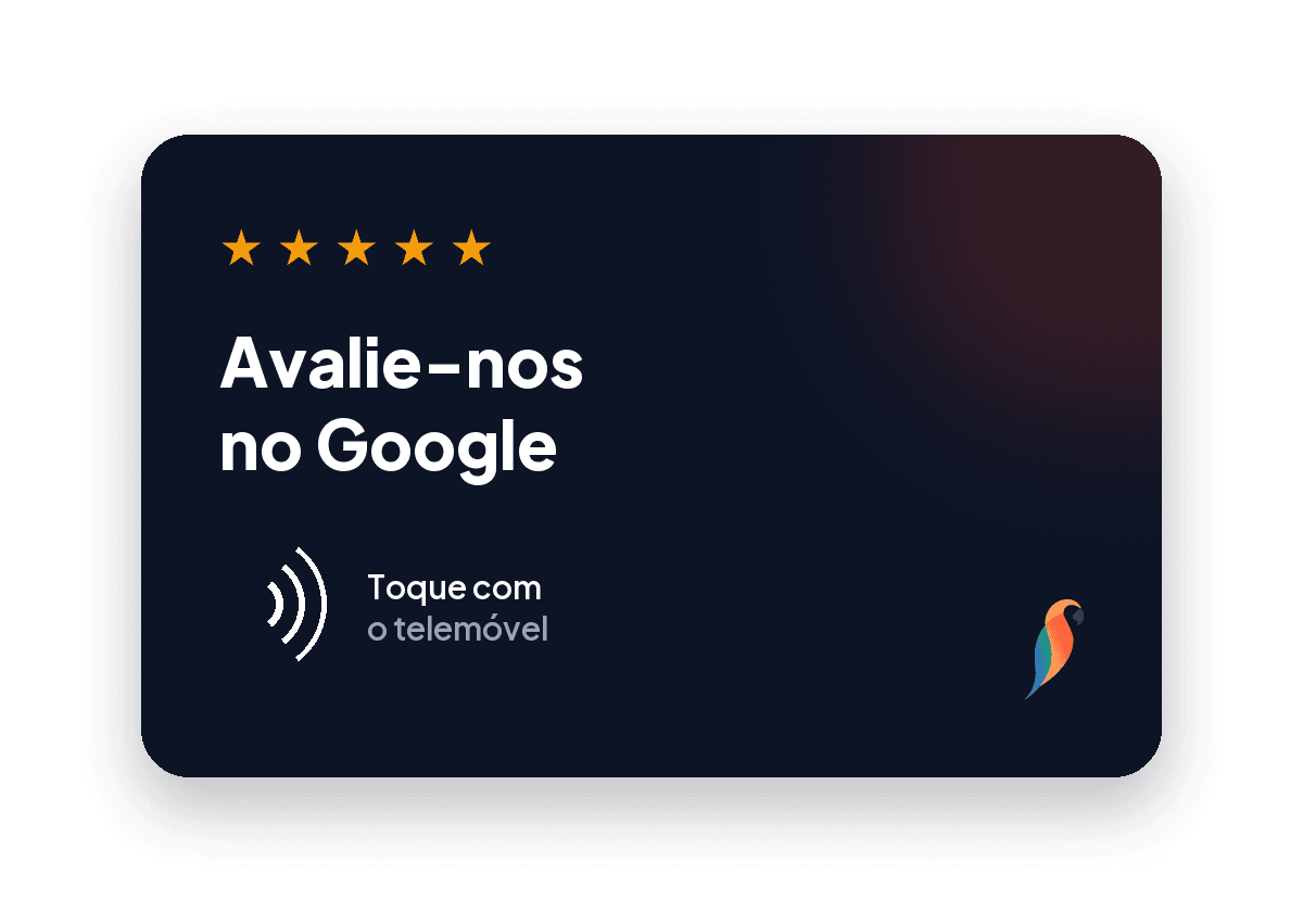 Cartão NFC preto com cinco estrelas, «Avalie-nos no Google» e o símbolo de toque