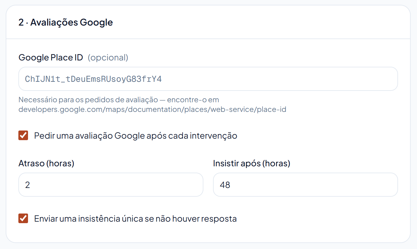 O campo Google Place ID em Definições.