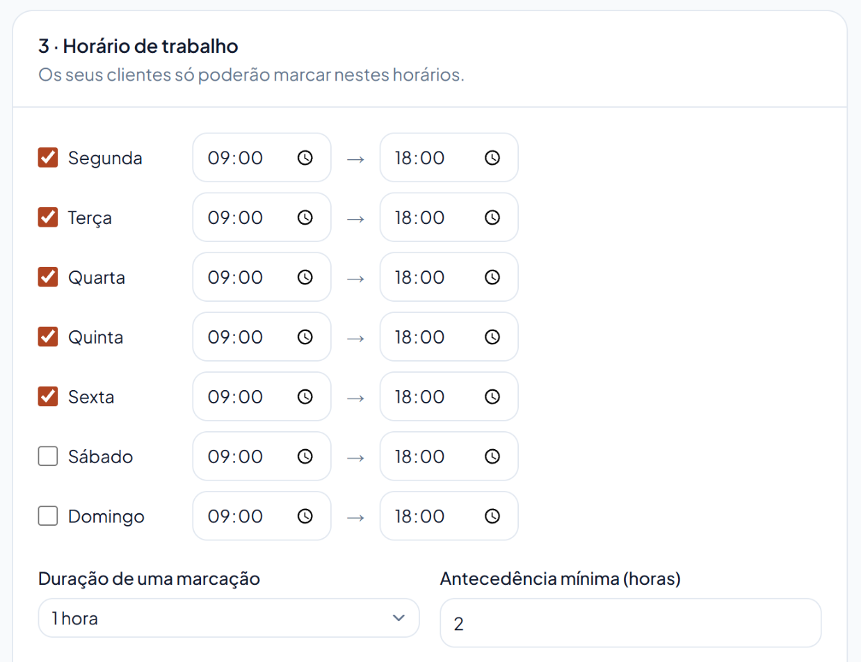 Definições → Horário de trabalho, duração e antecedência mínima.
