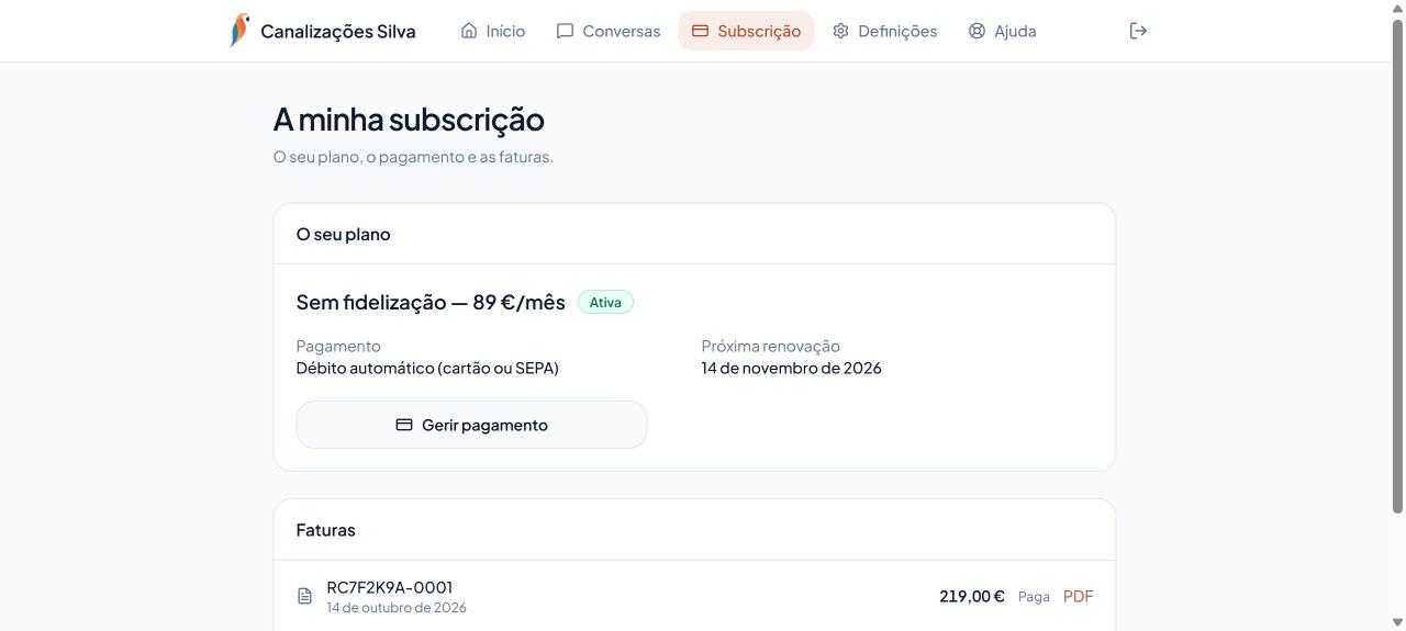 O separador Subscrição: plano, pagamento e faturas.